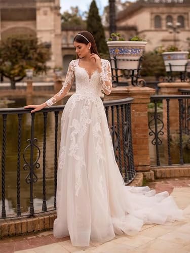 Long Sleeves Wedding Dresses for Bride 2025 Boho Beach A-Line Appliques Lace Bridal Ball Gowns with Train3