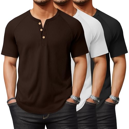 3 Pack Men's Big and Tall Ribbed Henley Shirts Short Sleeve Raglan Casual T-Shirts Classic Summer Button Placket Tee