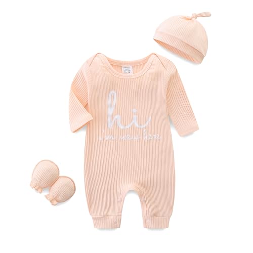 Image of Babymine Unisex Baby Clothes Newborn Onesie Long Sleeve Ribbed Romper with Hat and Gloves Infant Letter Print Jumpsuit