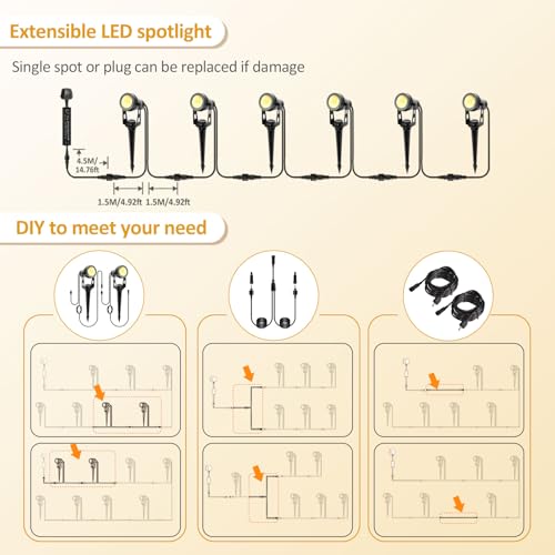 ECOWHO Garden Spotlights Mains, 21m Extendable Outdoor Spike Lights 12V LED Pathway Lighting IP65 Waterproof Electric Garden Uplighter for Path Yard Patio (18W 6-Packs Warm White), Wall/Spike Mounted 3 ECOWHO Garden Spotlights Mains, 21m Extendable Outdoor Spike Lights 12V LED Pathway Lighting IP65 Waterproof Electric Garden Uplighter for Path Yard Patio (18W 6-Packs Warm White), Wall/Spike Mounted - Image 3