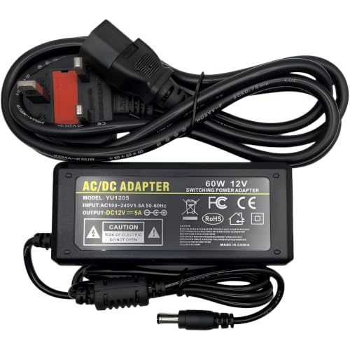 Multibao AC DC 12V 5A 60W Power Supply Adapter Charger Transformer with DC 5.5x2.1mm / 5.5x2.5mm Plug For LED CCTV 3 Pin UK Plug