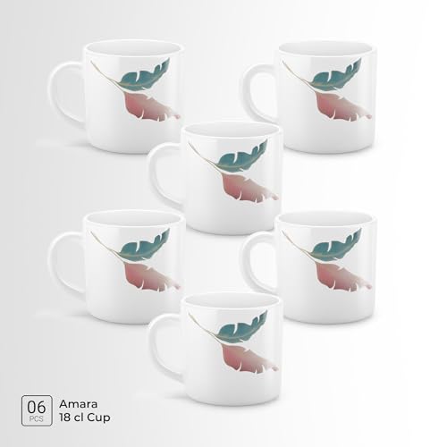 Image of Treo By Milton Opalware Amara 18 Palma Cup Set | Microwave & Dishwasher Safe | Bone-Ash Free | Tempered Toughness | Set of 6, 180 ml Each | White | Mug Set for Tea, Coffee, Daily Use & Gifting