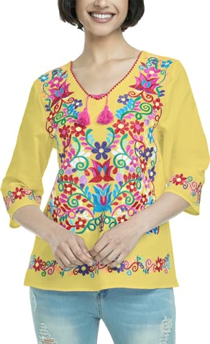 YZXDORWJ Women's Mexican 3/4 Sleeve Blouse Floral Embroidered Traditional V Neck Top Multicolor Boho Tunic (L, 171Y)