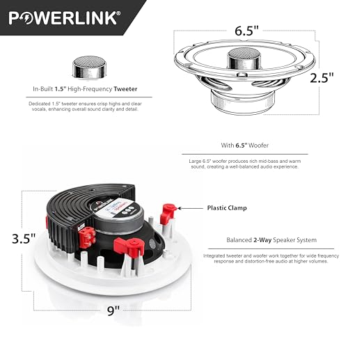 Image of Powerlink TWS2.0 Bluetooth Flush Mount in-Ceiling 2-Way Speaker System Quick Connections Polypropylene Cone & Polymer Tweeter Stereo Sound 60 Watt (30W Each) for Office, Gym, Home Theater (Pack of 2)