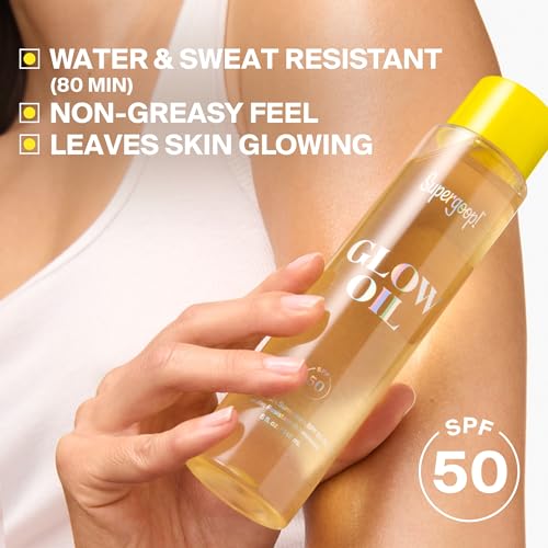 Image of Supergoop! Glow Oil - SPF 50 PA++++ Vitamin E Body Oil + Broad Spectrum Sunscreen Protection - With Marigold, Meadowfoam & Grape Seed Extracts | PA++++, With Marigold, Meadowfoam, Grape Seed Extracts