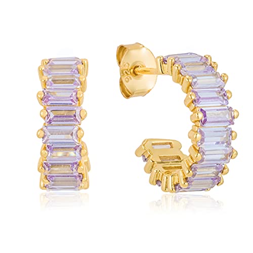 925 Silver Hoop Earrings Gold with Cubic Zirconia Stones Baguette Cut Colourful Jewellery Ladies 18 Carat (Silver and Gold) for Women and Girls Diameter of Huggies: 15 mm, Sterling Silver, Cubic