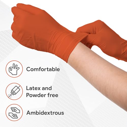 WECARE Orange 8 Mil Nitrile Gloves X Large 50 Pack - Heavy Duty Mechanic Gloves, with Diamond Grip - Powder and Latex Free Disposable Gloves - Thumbnail 2