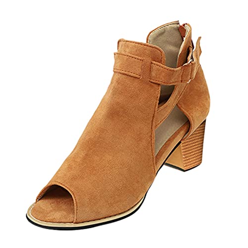 Womens Sandals Wedge Sandals Peep Toe Solid Color Fashion Mid Heel Sandals Square Heel Sandals Zippered Sandals with Adjustable Buckles (Brown, adult, women, numeric_7, numeric, us_footwear_size_system, wide)