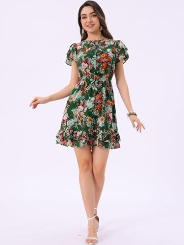 Image of Allegra K Women's Ruffle Sleeve Self-Tie V Neck Flowy Ruffled A-Line Floral Chiffon Dress