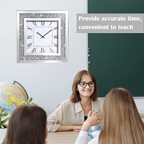 Hmrcyte Crystal Glass Wall Clock, 15.8" Silver Square Large Crushed Diamond Mirror Silent Wall Clock, Luxury Wall Clock For Living Room Bedroom School Home Office Decor,Aa Battery Not Included #TOP4