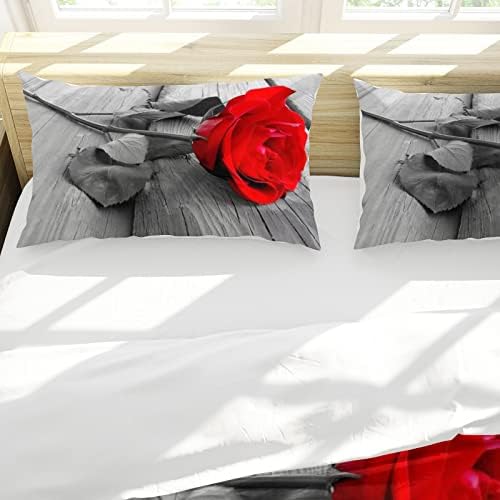 Hoimlm Red Rose Duvet Cover Single Bedding Set,3D Floral Duvet Cover with 2 Pillowcases, Gifts for Valentine's Day Mother's Day Soft Microfiber Quilt Cover with Zipper Closure