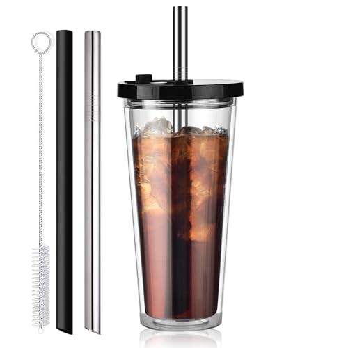 ALINK Reusable Iced Coffee Cup with Lid and Straw, 24 oz Boba Tea...