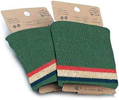Haberdashery Online Stretch knit fabric, to finish off garments, perfect for 2 cuffs + 1 waistband, black with golden stripes and Lurex thread. 110 cms x 8 cms. Model 1