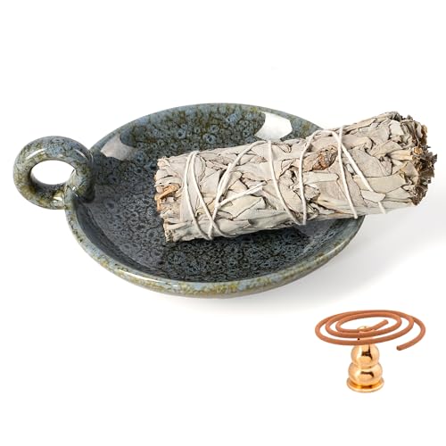 MKLZ 3 in 1 Palo Santo Holder, Sage Holder for Burning, Sage Tray with Incense Burner Holder for Sticks, Smudge Pot, Sage Burner Bowl, Ceramic Ash Catcher Tray for Meditation Room (Blue Grey)