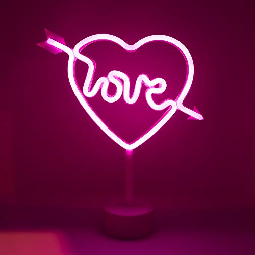 Isaac Jacobs 12.5” x 11.5” LED Neon Hot Pink Cupid’s Heart Table Light with “Love,”, White Base, Lamp, Night Light, for Bedroom Décor & Party; Battery Powered (Batteries Not Included), (Hot Pink)