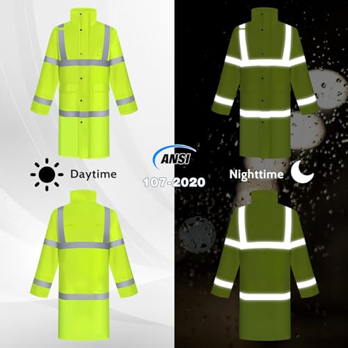 Hi Vis Rain Jacket Rain Suits for Men, Hihg Visibility Waterproof Rain Coat with Hood, Class 3 Lightweight High Vis Rain Gear for Outdoor & Safety Work, Men Women, Yellow Long, XL2
