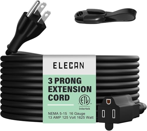 Elecan Power Extension Cord 10 Ft Black, Seamless One-Piece Molded Plug 3 Prong 16 AWG Grounded Wire Electric Cable for Home Office Appliances, 16 Gauge 13A 125V 1625W, SVT, ETL with Organizer