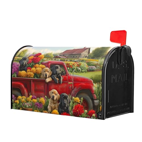 Image of 25.5 inchx21 inch Spring Truck Dogs Magnetic Mailbox Cover Summer Floral Puppy Decorative Mailbox Wrap Post Cover Waterproof Large Size for Garden Yard Outdoor Outside Patio Farmhouse