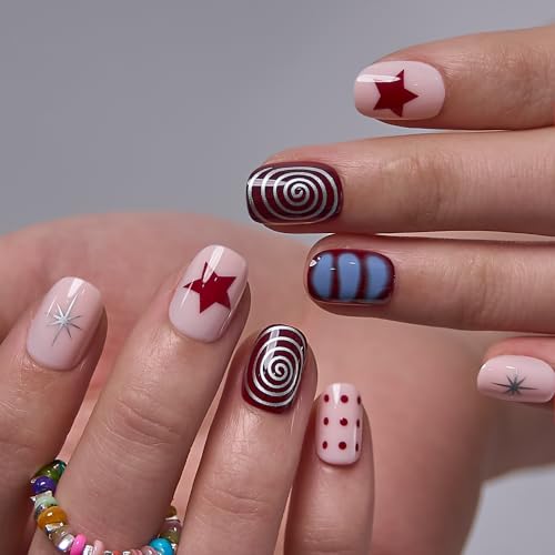 Image of CurvLife Extra Short Square Press On Nails, Red, Crimson Swirl, Soft Gel