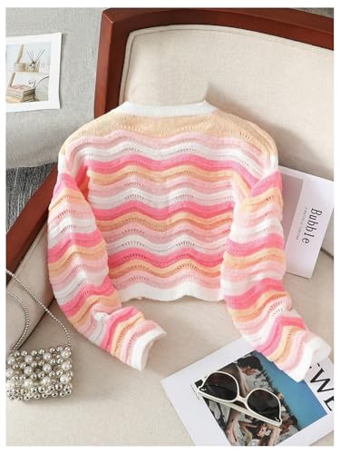 MakeMeChic Girl's Striped Colorblock V Neck Long Sleeve Button Down Knit Cute Cardigan Sweater2
