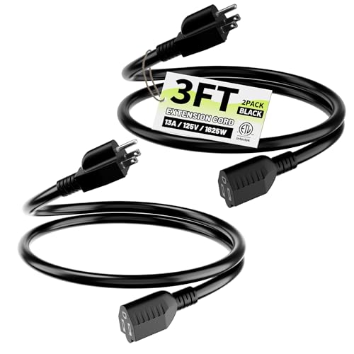 Image of 16 /3 Black Indoor Outdoor Extension Cord 3 Ft 2 Pack Waterproof, Extension Cord with 3 Prong Grounded Plug,13A 1625W 16AWG SJTW, Flexible Weatherproof Power Cable