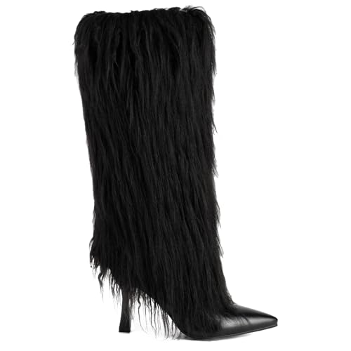 Women's Fur Knee High Boots Female Stiletto Heel Furry Side Zipper Pointed Toe Black Clubwear Party Evening Tall Boots2