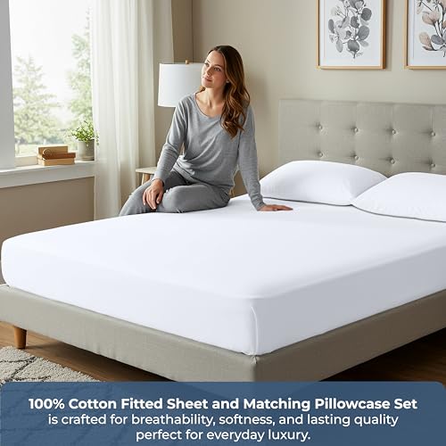 Image of ROYALE LINENS Fitted Sheet with Pillowcases - Queen Fitted Sheets with 2 Pillowcases - 300 Thread Count 100% Organic Cotton - Fits Mattress Up to 18 inch Deep - Soft & Breathable - White (No Flat Sheet)