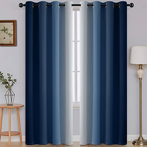 Image of SimpleHome Ombre Blue to Grey White Curtains for Living Room 52Wx84L | Room Darkening Curtains for Bedroom,Gradient Light Blocking Curtain,Thermal Insulated Grommet Window Drapes,2 Panels,84 Inch
