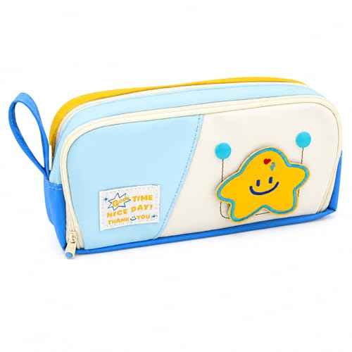 Image of Cute Star Pencil Pouch for Kids, Large Capacity Zippered Pen Case with Mesh Pocket & Pen Holder Slots, Kawaii Blue Yellow School Stationery Organizer for Girls Boys