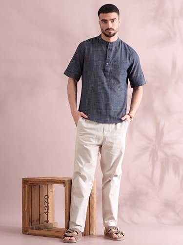 Image of Filori Lurex Checks Design Short Kurta | Pure Cotton | Half Sleeves | Mandarin Collar