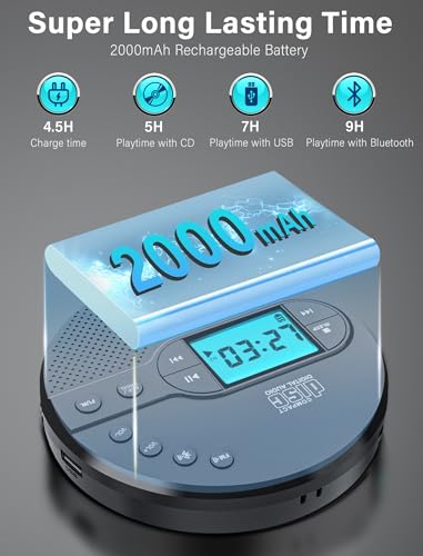 Afu CD35 2000Mah Rechargeable Discman Cd Player:Walkman Cd Player With Bluetooth Fm Transmitter,Headphones,Lcd Screen,Aux,Built-In Speaker,Usb-Portable Personal Cd Player Anti-Skip Protection thumb #2