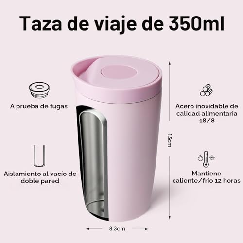 Miniatura 3 de Bottle Bottle Taza De Viaje Isotérmica De 350 Ml De Acero Inoxidable Con Tapa De Botón Pulsador, Mantiene El Frío Y El Calor Durante 8 Horas Rosa