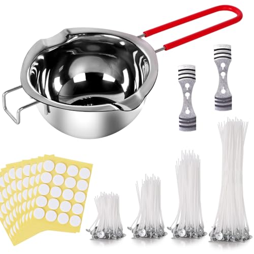 Kit para Hacer Velas,200 Mechas para Velas de Bricolaje,Incluye Soporte para mechas, Recipiente para derretir,Pegatinas Mecha de Vela, DIY Kit de Fabricación de Velas Perfumadas