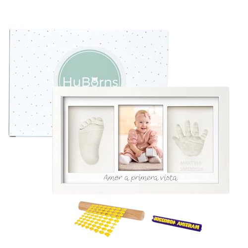 HuBorns – Marco huellas bebé recién nacido con arcilla, kit completo para huella pie y mano, cuadro recuerdo original, regalo bebé niño o niña y decoración habitación infantil