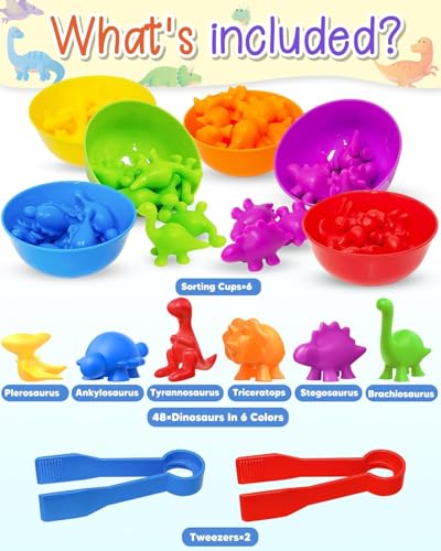 Image of BeFunky Counting Toys Matching Game with Sorting Bowls, Color Classification and Sensory Montessori Educational Learning Toys Set Gift for Toddlers Preschool Aged 3+ Years Old Boys Girls (Dinosaur)