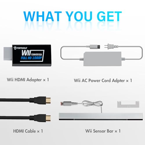Image of PORTHOLIC 4 in 1 Wii Replacement Cables Set, Wii AC Power Adapter + Wii to hdmi Converter+ Wired Motion Sensor Bar and Composite Audio Video Cable for Nintendo Wii
