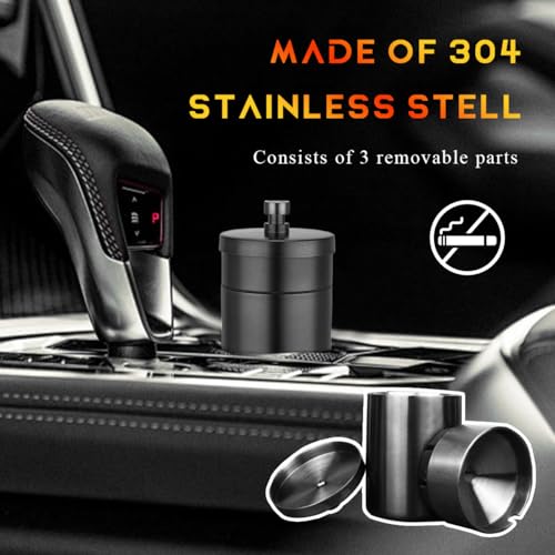 Image of DXNQ Car Ashtray with Lid, Windproof Smokeless Stainless Steel Ash Tray Butt Bucket, Detachable Self Extinguished Ashtray for Car Cup Holder Home Office Travel, Car Accessories (Black)