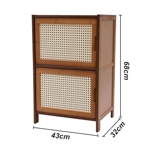 Comodino in bambù, porte in rete di rattan, comodino a 2 livelli con ante magnetiche, armadio compatto per camera da letto e soggiorno