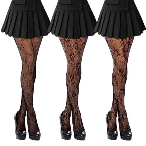 Neyeau Pattern Tights 3 Pairs, Women's Black Patterned Tights, Lace Floral Pantyhose High Waist Fishnet Stockings, Women's Patterned Fashion Tights