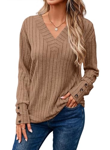 Dokotoo Pullover Damen V-Ausschnitt Langarmshirt Leichte Str