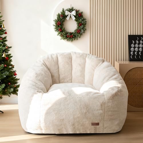 MAXYOYO Giant Bean Bag Chair, Oversized Bean Bag Couch for Adults and Kids, Faux Fur Shell-Shaped Large Chair with Filler, Stuffed Big Accent Sofa Lounge Floor Sofa for Gaming, Reading, Beige