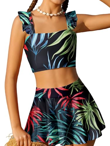 Image of Arshiner Girls Swimsuit 3 Piece Bathing Suits Cute Bikini Tankini Sets Teen Ruffle Swimwear with Cover Up Skirt