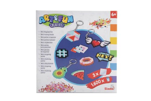Simba Art und Fun Mini Bügelperlen Schlüssel Anhänger, 1.600 Perlen, 3 Steckplatten, Bügelpapier, 6 Schlüsselanhänger, ab 6 Jahren