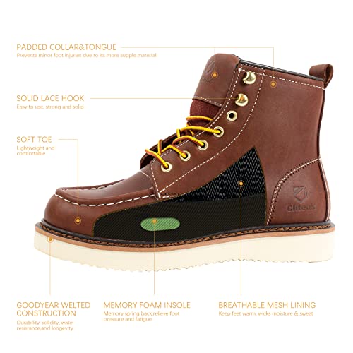 Work Boots Men MOC TOE, Soft Toe 6” Full Grain Leather Breathable Water Resistant, Non Slip Wedge Comfortable Mens Work Boots Lightweight3