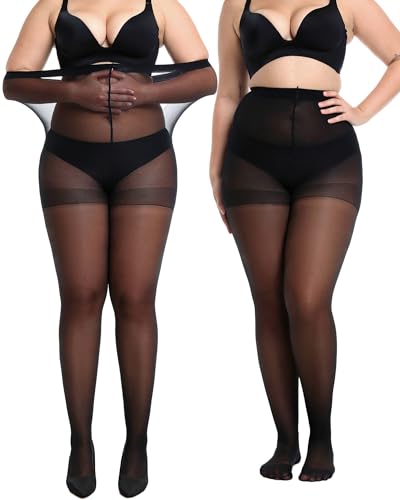 Women's 2 Pairs Plus Size Sheer Tights for Women - 20D Queen Size Control Top Pantyhose with Reinforced Toes - Main Image