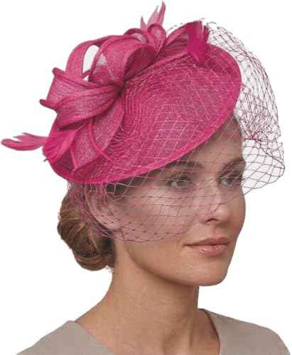 Caprilite Saucer Sinamay Headband Fascinator Wedding Ascot Hat Hatinator Birdcage Veil[Fuchsia Hot Pink]