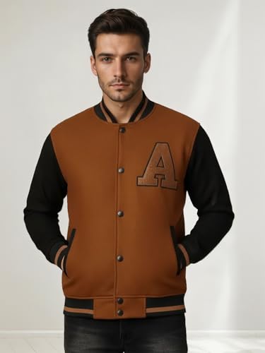 Image of CHKOKKO Men's Regular Varsity Jacket with Snap Button Closure and Patch Design Trendy Comfortable Outerwear for College Travel and Casual Wear