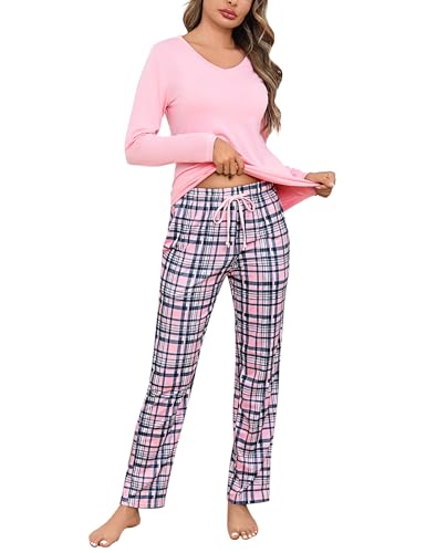 Litherday Schlafanzug Damen Lang Pyjama Baumwolle Pyjamas Set Langarm Nachtwäsche Set Zweiteiliger mit Damen Pyjamahose und Shirt Casual Elastischer...