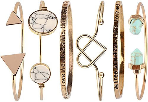 Beauty7 6PCS Love Freedom Power Turquoise Triangle Knot Stackable Open Cuff Bracelet Set Bangle Women