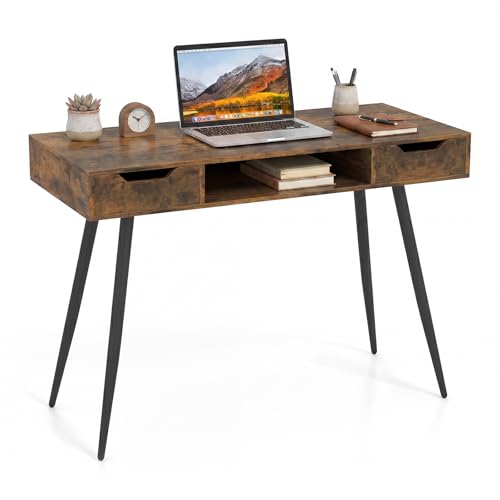 Image of Tangkula Mid Century Modern Computer Desk, Writing Desk with 2 Drawers & Open Center Storage, Small Wooden Study Table for Home Office & Compact Spaces (Rustic Brown)